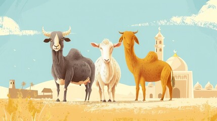 An illustration of a cow goat and camel standing in the desert