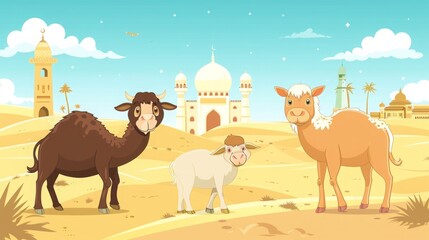 An illustration of a cow goat and camel standing in the desert