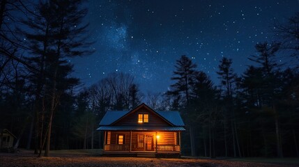 Cozy Cabin Under Starry Night Sky