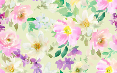 Seamless pattern of softly colored watercolor-painted flowers and plants