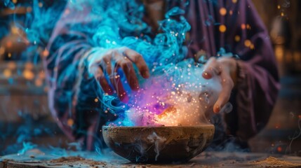 Illustrate an alchemist carefully mixing ingredients in a crucible, with colorful vapors rising from the mixture, Close up