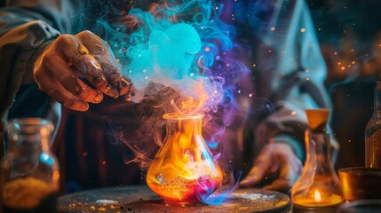 Illustrate an alchemist carefully mixing ingredients in a crucible, with colorful vapors rising...