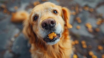 Illustrate the process of using positive reinforcement techniques, such as treats and praise, to train a dog, Close up