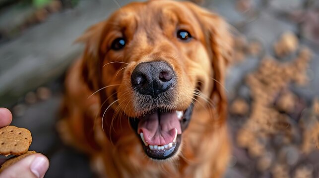 Illustrate the process of using positive reinforcement techniques, such as treats and praise, to train a dog, Close up