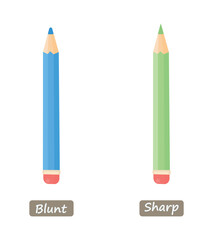 Opposite adjective antonym words sharp and blunt illustration of pencils explanation flashcard with text label