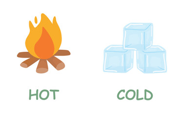 Opposite adjective antonym words cold and hot illustration of bonfire and ice cube explanation flashcard with text label