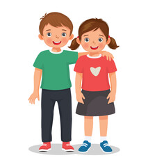 Two happy cute little kids boy and girl best friend hugging each others © Tenstudio