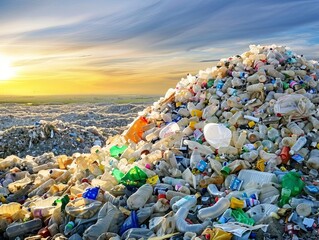 Overloaded landfill sites with mountains of plastic refuse, highlighting waste management issues leading to pollution, Retro Spectrum, Virtual Reality, Mystic Elation, , , ,