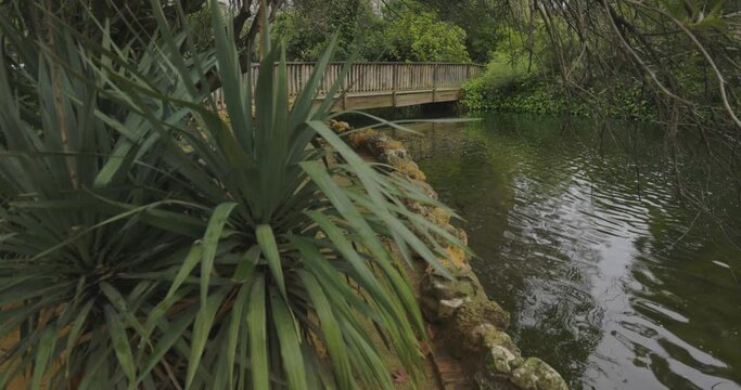 Maria Luisa park in Seville bridge and water fountain between green vegetation on a cloudy day tilt up