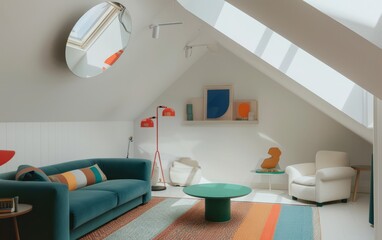 Modern art living room with art sofa and art installation, modern urban fashion living room, art office space