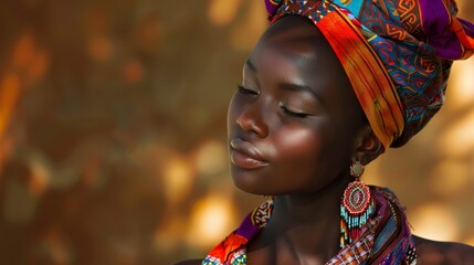 A young fashion model with traditional African attire, wearing a colorful scarf and intricate earrings, eyes closed in a serene expression.