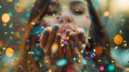 A young woman blowing colorful confetti from her hands. - Powered by Adobe