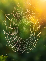 Fototapeta premium Close-up of a spider web glistening with morning dew in the sunlight, set against a vibrant green background of nature.