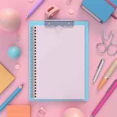 Top view of colorful office stationery including a blank notebook, pens, pencils, and other supplies on a pink background.