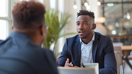 A young professional sits across from a seasoned financial advisor, discussing investment options for their future.