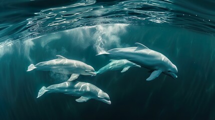 Obraz premium A family of beluga whales swimming near the surface, there white bodies contrasting with the blue water.