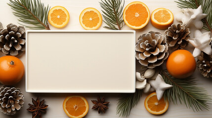 White frame christmas background, New Years decoration with fir branch, pine cones and orange