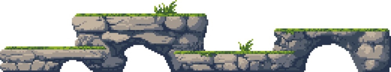 Retro game platform with stones and green grass © Vector Tradition