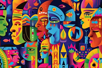 Obraz premium Colorful Digital Artwork Featuring Cultural Elements and Motifs Promoting Inclusion and Diversity Concept Vibrant Cultural Expression.