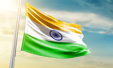 India national flag waving in beautiful sky.