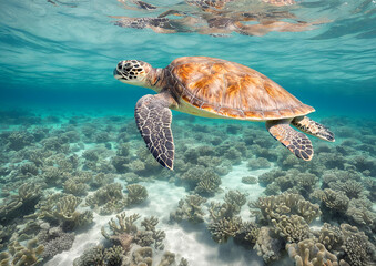 Obraz premium A green sea turtle swims through the crystal-clear lagoon at Lady Elliot Island on the Great Barrier Reef in Queensland, Australia.
