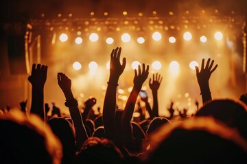 A crowd of people are at a concert, with their hands raised in the air. The atmosphere is lively and energetic, with everyone enjoying the music and the performance