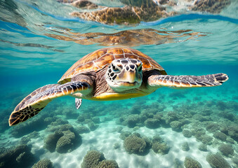 Fototapeta premium A green sea turtle swims through the crystal-clear lagoon at Lady Elliot Island on the Great Barrier Reef in Queensland, Australia.
