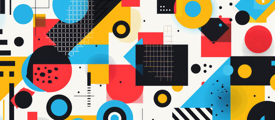 A vibrant and colorful illustration of abstract shapes, bold lines, and geometric patterns in reds, yellows, blues, greens, black and white