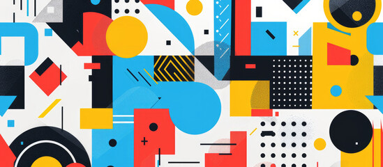 A vibrant and colorful illustration of abstract shapes, bold lines, and geometric patterns in reds, yellows, blues, greens, black and white