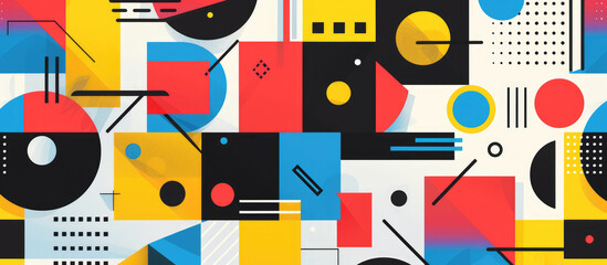 A vibrant and colorful illustration of abstract shapes, bold lines, and geometric patterns in reds, yellows, blues, greens, black and white