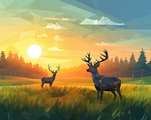 Low poly artwork, two deer in a peaceful meadow where the grass emits a gentle, golden glow at dusk