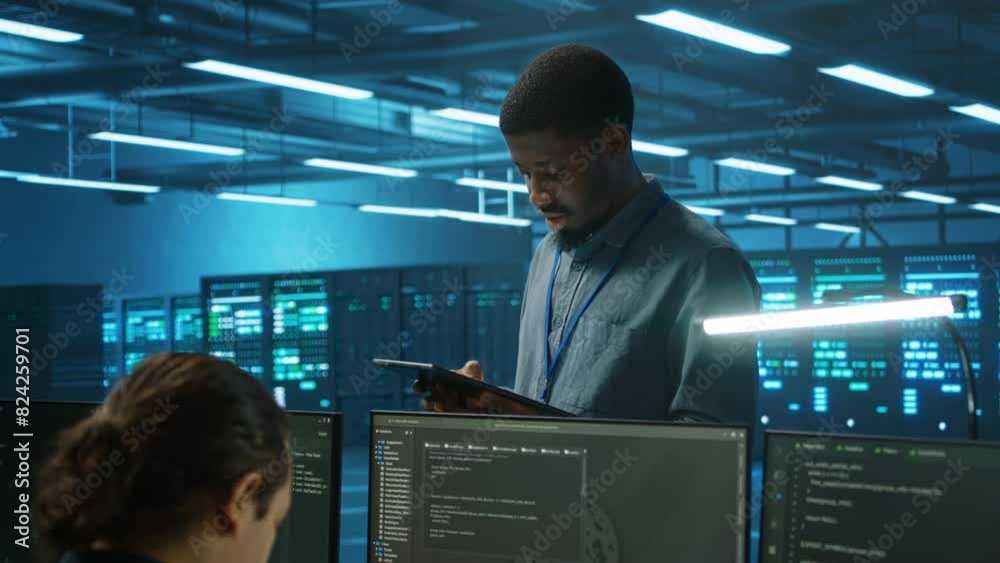 Poster it expert in server hub ensuring valuable data remains shielded from potential threats using tablet.