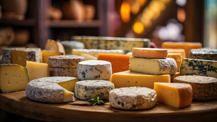 A colorful and diverse selection of cheeses from around the world, each with its own story and cultural significance, waiting to be discovered and savored.
