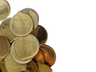 stack of golden yellow coins coated fiberglass isolated by white background. collection of shiny...