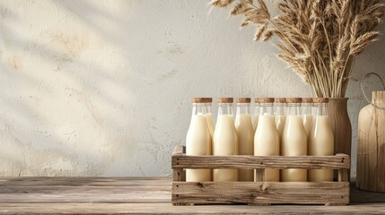 Fresh and healthy organic milk in glass bottles.