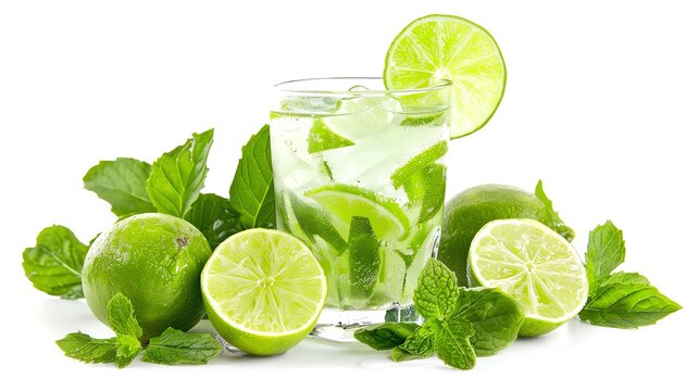 Menthe et lime avec un verre de mojito sur fond blanc, photo reale stock estlinge 2048x3657pster color white background