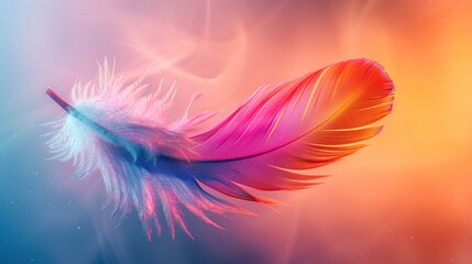 Obraz premium A colorful bird feather gracefully floats through the air a soft gradient background. Aesthetic design. Generative AI