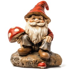 A garden gnome sits on a rock, his red hat and white beard contrasting with the green of the surrounding plants