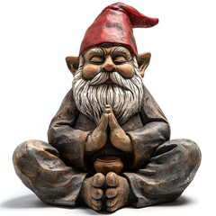 A garden gnome sits in a state of Zen meditation, his eyes closed and his hands clasped together in front of him