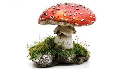 A red and white spotted mushroom sits on a bed of moss