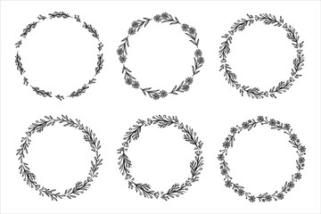 Doodle floral wreath frame set. Vector illustration of hand drawn wreaths.