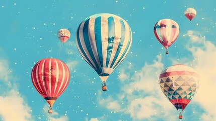 Colorful hot air balloons fly high in the summer sky, bringing an adventurous vintage vibe to the air