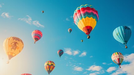 Obraz premium A colorful hot air balloon floats serenely in a bright blue sky