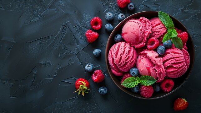Dark pink ice cream with berries and mint leaves in bowl on dark background, top view. 