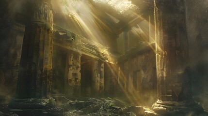 Fototapeta premium Rainy forest landscape with sunlight rays peeking through the trees