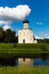 View of Orthodox Church of Intercession of Holy Virgin on Nerl River in Russian village of...