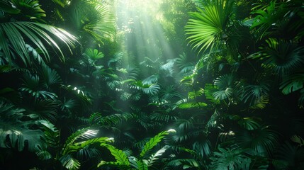 Background Tropical. Sunlight filters through the dense foliage above, casting a golden glow on the forest floor and illuminating patches of vibrant green moss and delicate ferns.
