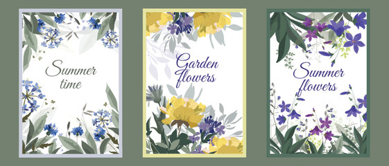 Vector floral summer cards with blue and yellow flowers.