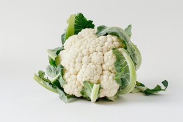 minimalist composition of fresh cauliflower head on pure white background food photography