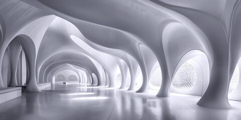 Futuristic abstract modern white architecture, clean curves minimalistic design, bright space